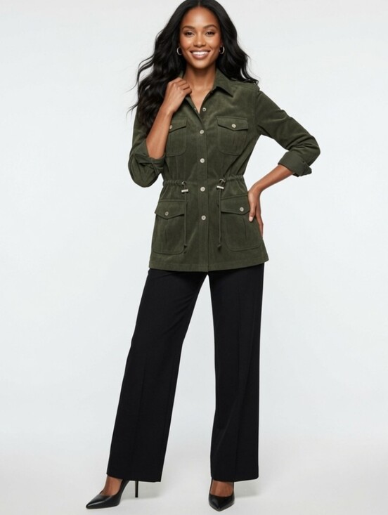 Denim&Co Jackets & Blazers - Denim&Co Olive Green Utility Jacket with Drawstring Waist (Size : Large )